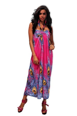 Dlouhé letní šaty se zavazováním za krkem fialové, vel. XL/XXL | Letní maxi šaty s motivem pavích per a výraznými barvami z lehkého, chladivého materiálu