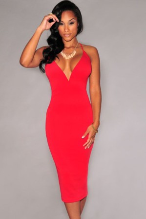 Elasticke midi saty s vetsim vystrihem a snerovanim na zadech, cervene S-165-RD (1)